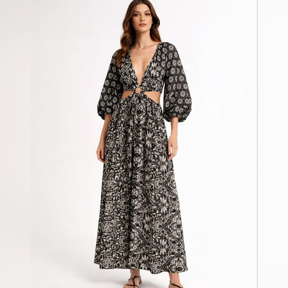 Abercrombie And Fitch Black and White Cutout Tie Back Maxi Medium Dress Long - Picture 2 of 13